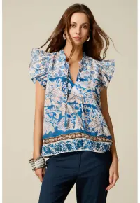 Bluza din bumbac cu maneci cu volane si model - Alb/Albastru safir