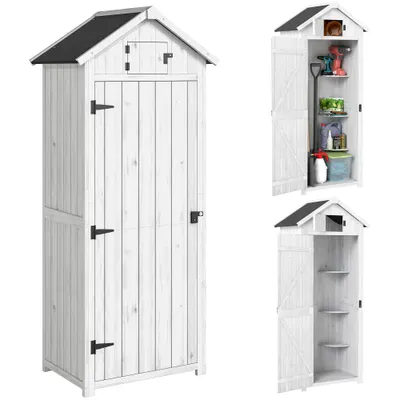 Outsunny Dulap pentru grădină exterior din lemn, Adăpost pentru unelte, 3 rafturi, 2 uși cu cleme, 77x54x179cm, Gri deschis | Aosom Romania