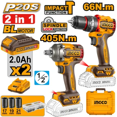 Set INGCO CKLI20286E, bormasina cu impact 20V 66Nm + filetanta impact 1/2” 405Nm, Brushless, desfacere 555Nm, 2 acumulatori 2Ah, incarcator, 47 accesorii, tubulare si cutie transport