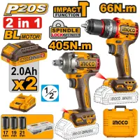 Set INGCO CKLI20286E, bormasina cu impact 20V 66Nm + filetanta impact 1/2” 405Nm, Brushless, desfacere 555Nm, 2 acumulatori 2Ah, incarcator, 47 accesorii, tubulare si cutie transport