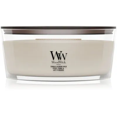 Woodwick Tonka & Almond Milk lumânare parfumată cu fitil din lemn 453.6 g