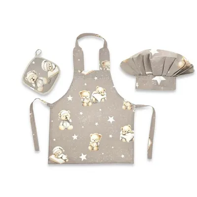 Set Micutul bucatar, MimiNu, Cu sort, o boneta si accesoriu pentru vase calde, Din bumbac certificat Oeko Tex Standard 100, Bedtime story beige