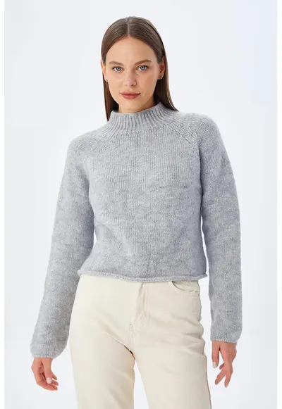 Pulover scurt - tricotat texturat - gri - acril si poliester - maneci lungi