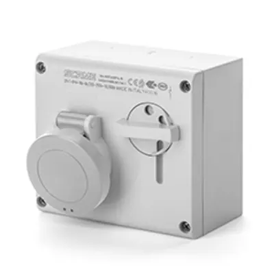 Priza interblocabilan32A 2P+E 8h >250V DC 136X125MM_PAR terminal cu surub Cu interblocaj mecanic