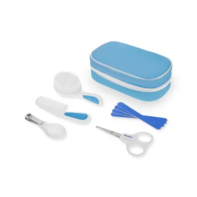 Kit de ingrijire pentru bebelusi Akuku Albastru in gentuta depozitare cu fermoar, include forfecuta, unghiera, pila de unghii,pieptene,perie de par