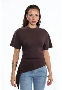 Tricou dama supradimensionat - maneca scurta - maro - amestec lyocell-bumbac-elastan