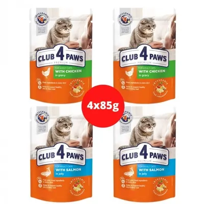 Multipack Club 4 Paws Cat - Hrana umeda premium - Pui si Somon - 4x85g