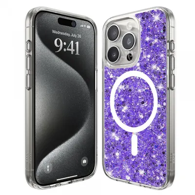 Husa MagSafe pentru Apple iPhone 15 Pro, Techsuit, Sparkly Glitter, Mov