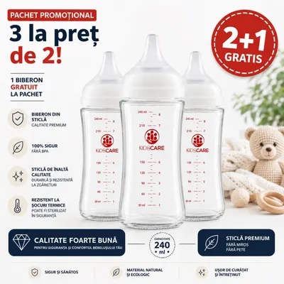 Pachet 3 biberoane din sticla borosilicata KidsCare cu tetina din silicon 3 x 240 ml