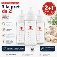 Pachet 3 biberoane din sticla borosilicata KidsCare cu tetina din silicon 3 x 240 ml