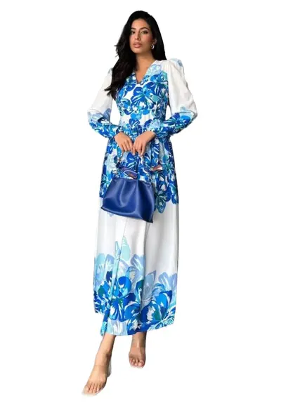 Rochie Maxi - Floral - Albastru - Poliester/Bumbac