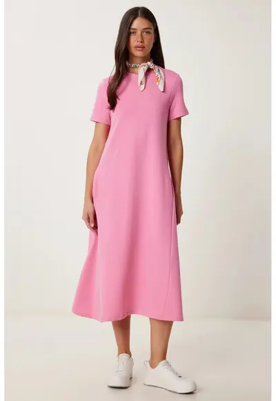 Rochie midi Happiness Istanbul - cu maneci scurte - roz - bumbac