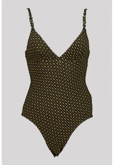 Costum de baie intreg cu burete si model - Negru/Maro deschis