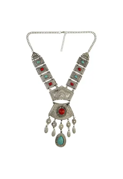 Colier argintiu - cu pietre rosii si turquoise - Saron C12