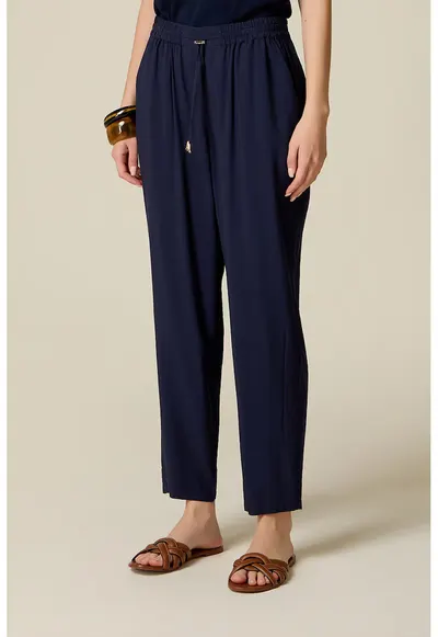 Pantaloni cu snur de ajustare si buzunare laterale - Albastru inchis