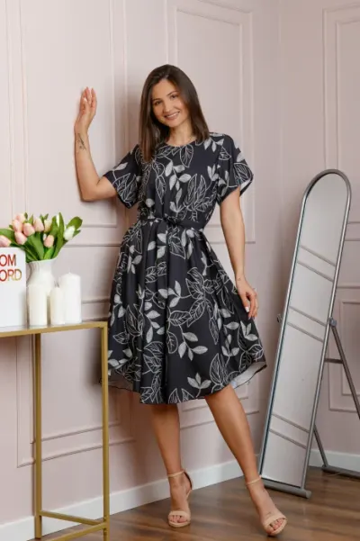 Rochie dama gri antracit Avery cu imprimeu floral si cordon in talie