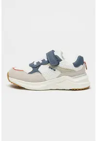 Pantofi sport cu sireturi elastice si segmente de piele ecologica - Albastru inchis/Alb optic/Bej deschis