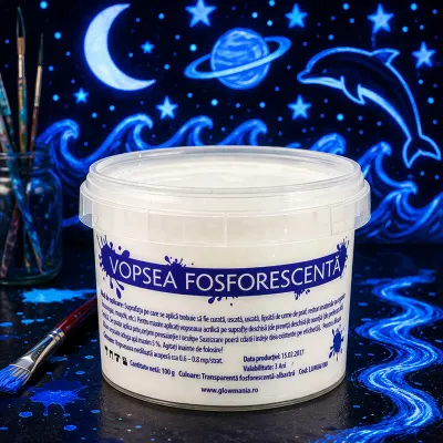 Vopsea glow in the dark fosforescenta, luminescenta, transparenta care lumineaza albastru
