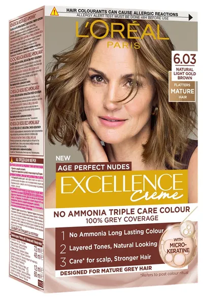 L'Oréal Excellence Creme Vopsea de păr fără amoniac Age Perfect Nudes, 6.03 Ash Brown