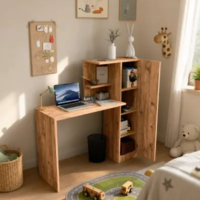 Birou de lucru Melsa din PAL 18 mm, cu rafturi și dulap, 120 x 40 x 122 cm