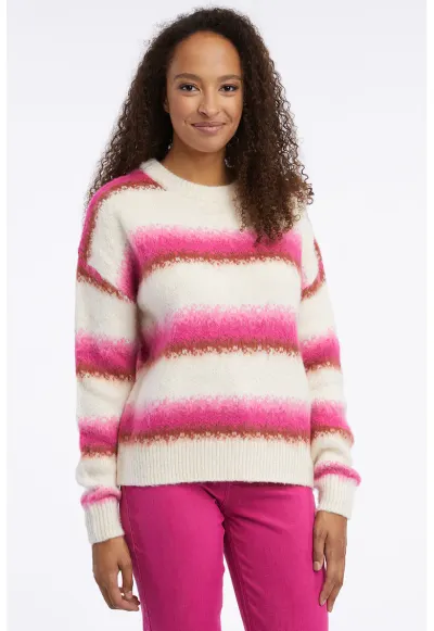 Pulover tricotat cu model in dungi - Fucsia/Alb murdar