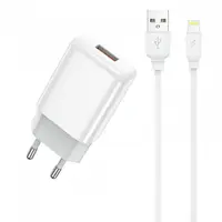 Incarcator Retea Cu Cablu Lightning Prestico F9S, 12W, 2.4A, 1 x USB-A, Alb