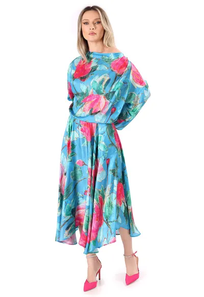 Rochie midi din viscoza cu matase naturala imprimata cu motive florale RS9-TYC - Albastru