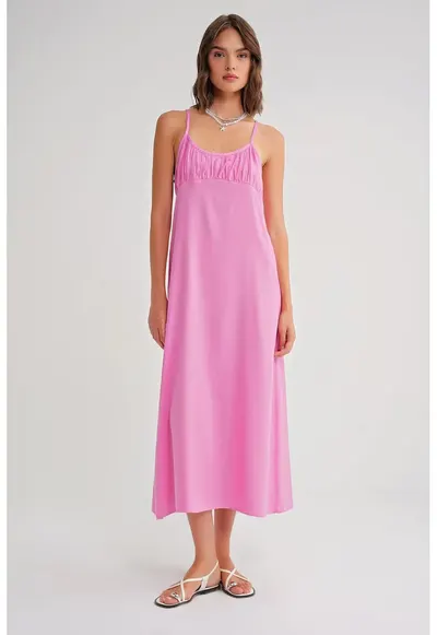 Rochie Maxi - cu Bretele - Detaliu Drapat - Roz Pudrat - Textil