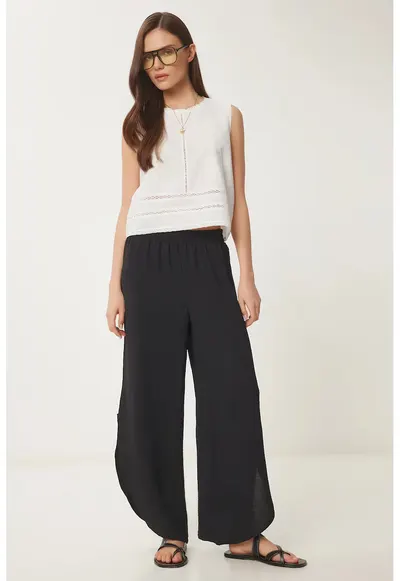 Pantaloni dama - Happiness Istanbul - picior larg - elastic - negru - poliester