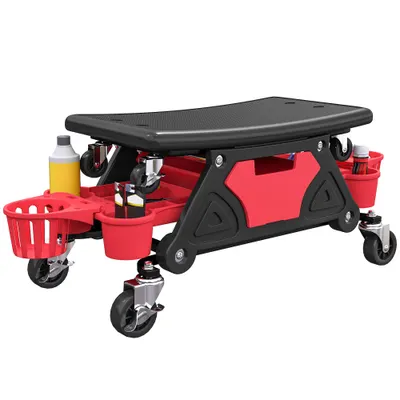 HOMCOM Taburet de atelier mobil 135 kg, taburet de mecanic cu roti rotative 360° cu rafturi, 86x33x33cm, rosu | Aosom Romania