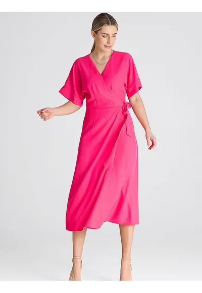 Rochie maneci kimono - cravata in talie - poliester - roz - poliester
