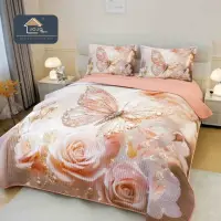 Cuvertura Matlasata, Bumbac Finet, cu Imprimeu 5D, 220x240cm + 2 fete de perna 50x70cm, Somon, Trandafiri, Fluturi