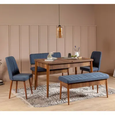 Set masa extensibila si scaune VINA, 5 piese, nuc + albastru inchis, 165x80x75 cm