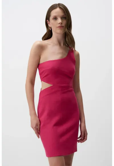 Rochie mini din amestec de in cu decupaj - Fucsia