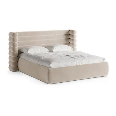 Pat matrimonial bej tapițat cu spațiu de depozitare cu somieră 180x200 cm Mount – Micadoni