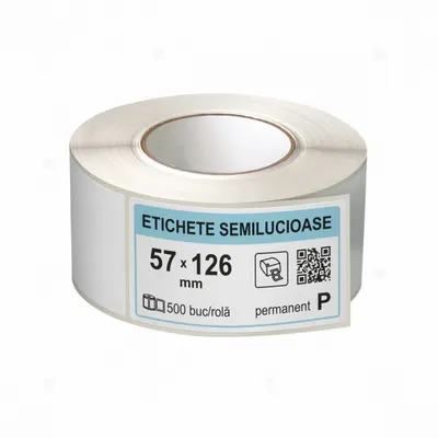 Rola etichete autoadezive semilucioase 57x126 mm, adeziv permanent, 500 etichete rola
