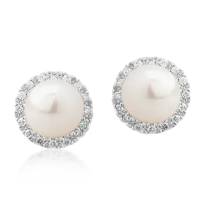 Cercei din aur alb cu perle de apa dulce de 2ct si diamante de 0.119ct