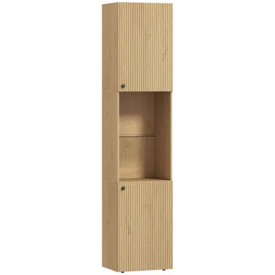 HOMCOM Coloană Baie Slim 6 Rafturi, 2 Uși, Compartimente Deschise, Raft din Sticlă Securizată, Rafturi Reglabile, Stejar | Aosom Romania