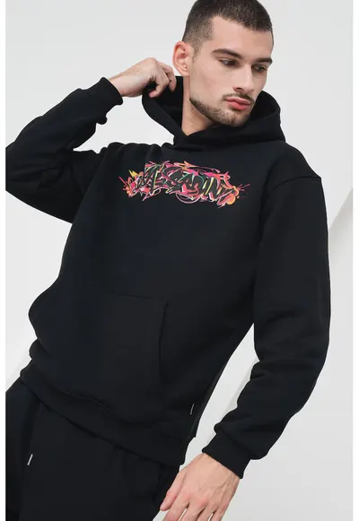Hanorac regular fit cu logo - Negru