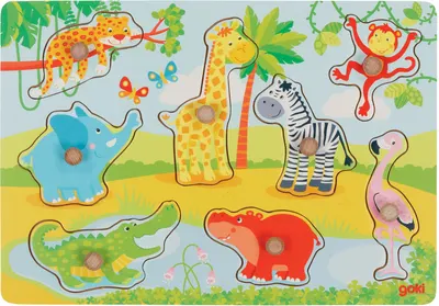 Puzzle din lemn cu mânere Goki - animale africane pentru copii, 8 piese