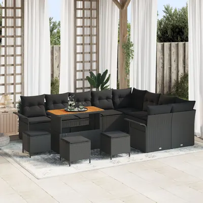 Set de canapea de gradina Gossi 12 piese cu perne negru poliratan acacia, set de mese de gradina Gossi 3 piese cu perne negru poliratan acacia, canapea de gradina Gossi pentru doua persoane cu perne negru poliratan