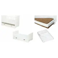 Set Patut din lemn bebe Qmini, Julia cu sertar, 120x60 cm, Alb + Saltea patut bebe, Cocos Confort II, Cu fibre de cocos si strat de burete, 120x60x10 cm + Protectie impermeabila, Pentru patuturi 120x60 cm, Alb