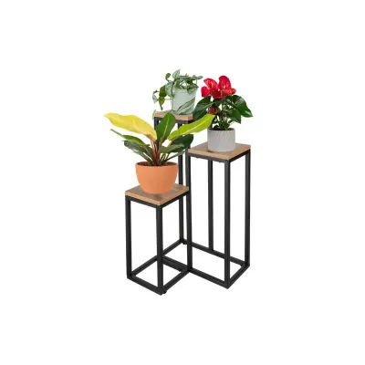 Suport de flori cu 3 polite, cadru metalic, polite din lemn, asamblare usoara, design modern, negru/maro