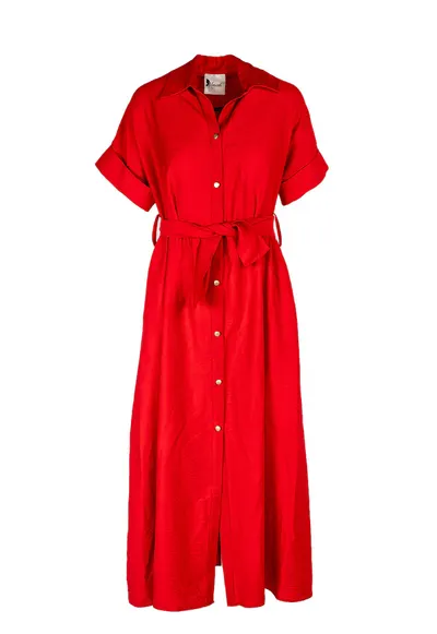 Rochie camasa midi cu buzunare si cordon - Rosu