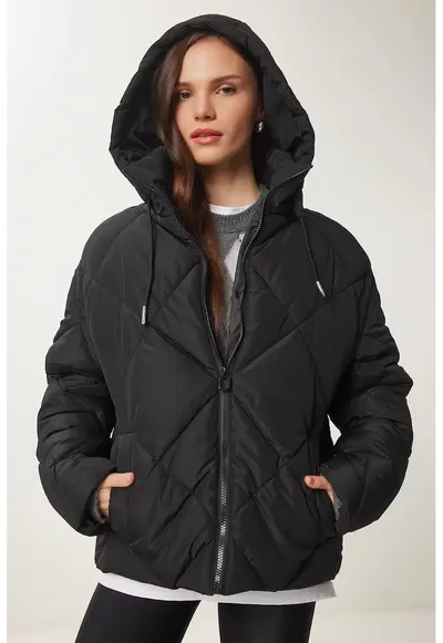 Geaca de puf - Happiness Istanbul - groasa - cu gluga - neagra - textila - Negru