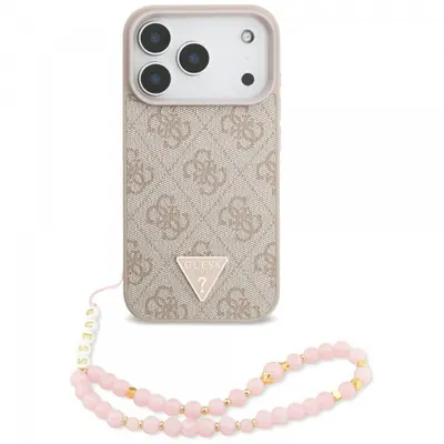 Husa MagSafe pentru Apple iPhone 17 Pro, Guess, 4G Triangle Logo with Pearl Strap, Roz