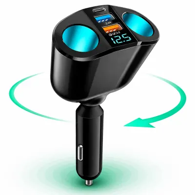 Adaptor priza auto multiplicator 120 W Timebox, 2x soclu auto, 2 x USB, Negru - Default Title