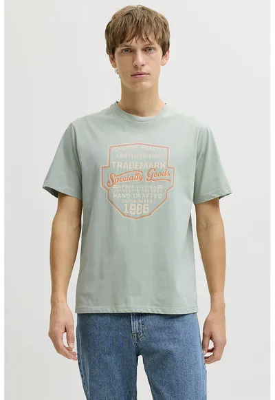 Tricou din amestec de bumbac cu imprimeu text - Albastru glaciar