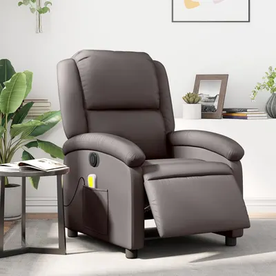 vidaXL Fotoliu de masaj rabatabil electric, maro închis piele naturală