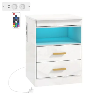 HOMCOM Noptieră modernă, masă laterală cu stație de încărcare și iluminare LED RGB, alb lucios | Aosom Romania